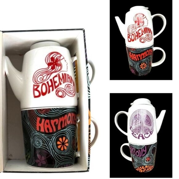 Tea for One Tea Pot Cup Set Stackable Bohemian Harmony Peace Gift Hippie Boxed